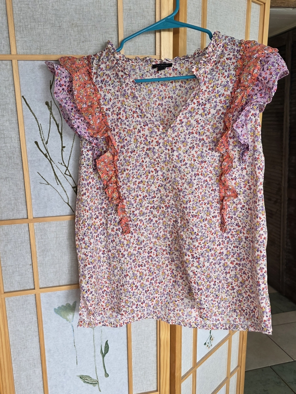 Ann Taylor Floral Ruffled V-Neck Sleeveless Top Cotton Ditzy Print Blouse - Picture 6 of 14